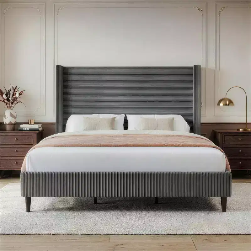 Dyonery Queen Upholstered Platform Bed Frame with 51.2 Tall Wingback HeadboardCSolid Wood Legs, No Box Spring Needed, Beige LinenCModern Style