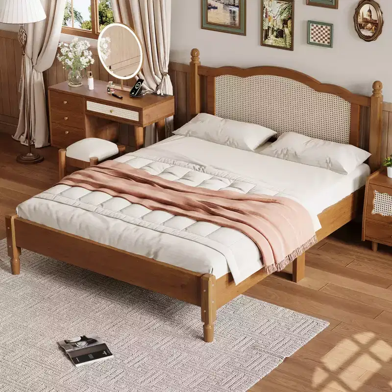 Wood & Rattan Platform Bed, Queen 42.9