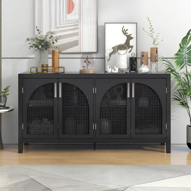 4-Door Rattan Buffet Sideboard with Adjustable Shelves
