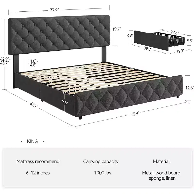 Platform Bed Frame with Elegant and Stylish Headboard, 4 Storage Drawers, No Box Spring Required, Easy Assembly, Heavy-Duty Support