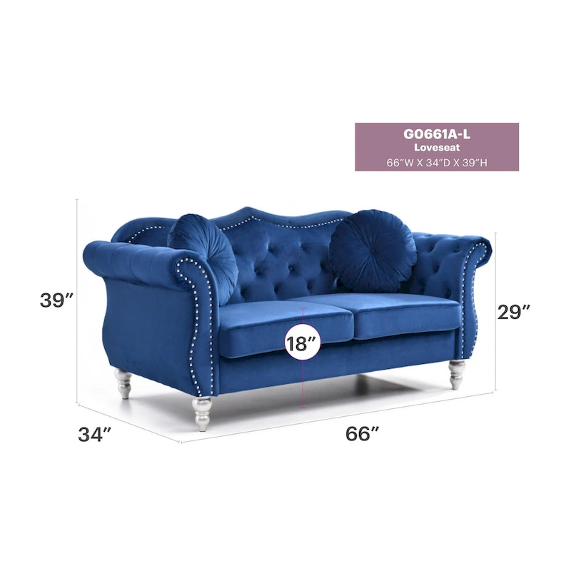 Hollywood 68 in. Velvet Chesterfield Loveseat with 2-Throw Pillow - 68L x 35W x 34H