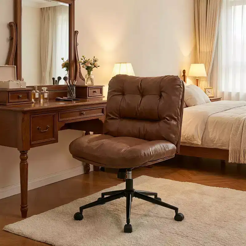 Vintage Armless Office Chair with Tufted Back, Adjustable Height Desk Chair with Casters and Black Metal Base, Brown