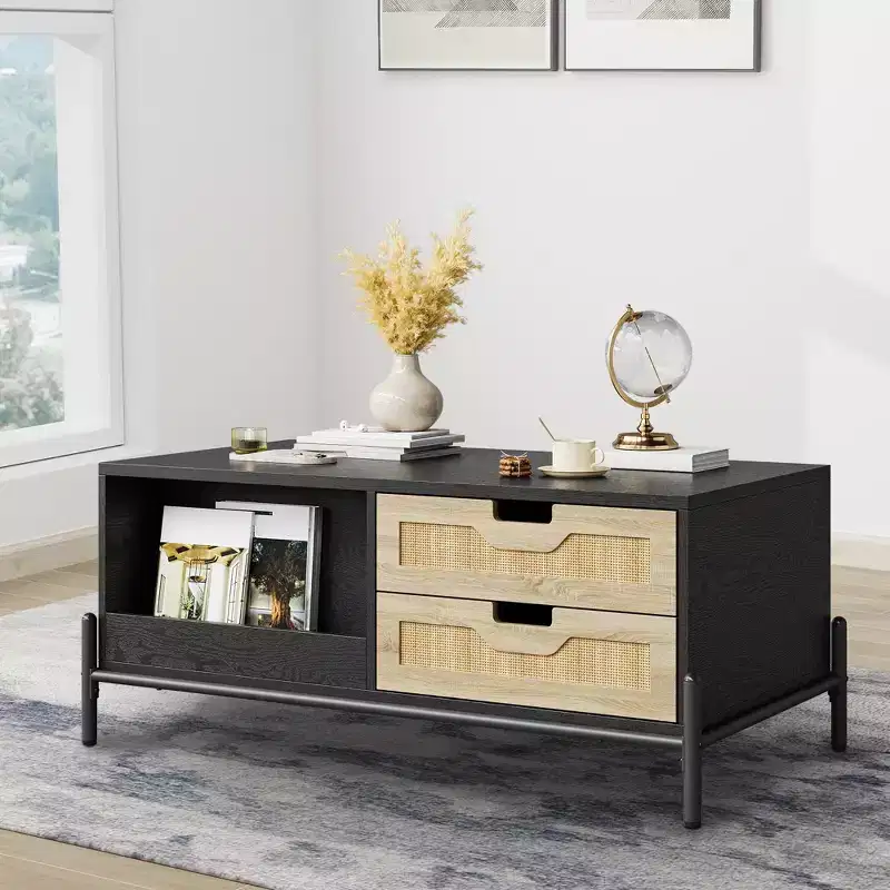 Rattan Coffee Table with LED Lighting & Storage Drawers