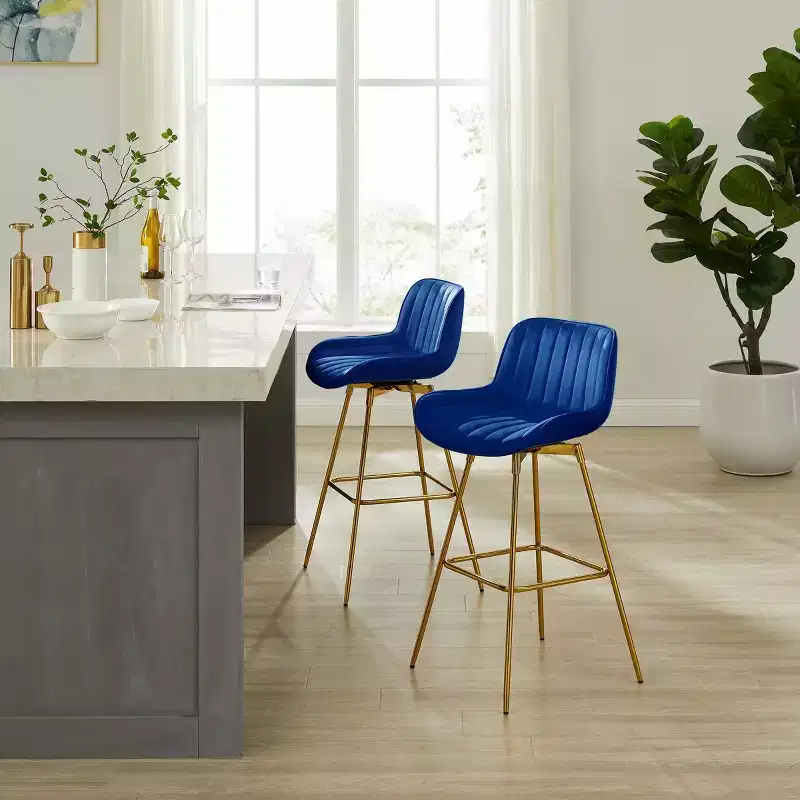 Art Leon Comfortable Velvet Swivel Barstool with Golden Legs, Set of 2
