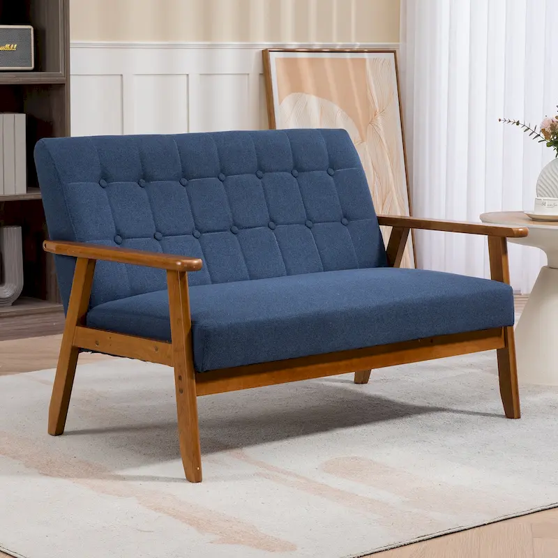 HOMEFUN Mid-Century Linen/PU Upholstered Wood Frame Tufted Loveseat Sofa