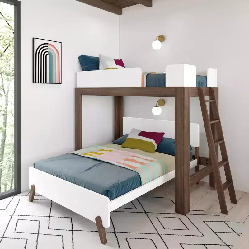 Max & Lily Mid-Century Modern Twin over Full L-Shaped Bunk Bed, Solid Wood