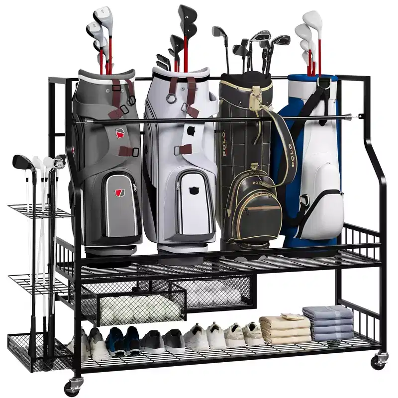 Golf Bag Storage Rack with Wheels & Drawers - 4-Bag Organizer for Garage Home