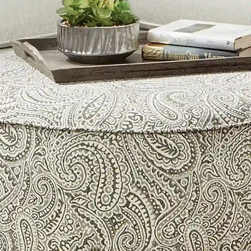 Transitional Ivory Chenille Paisley Print Cocktail Ottoman | Living Room Footrest