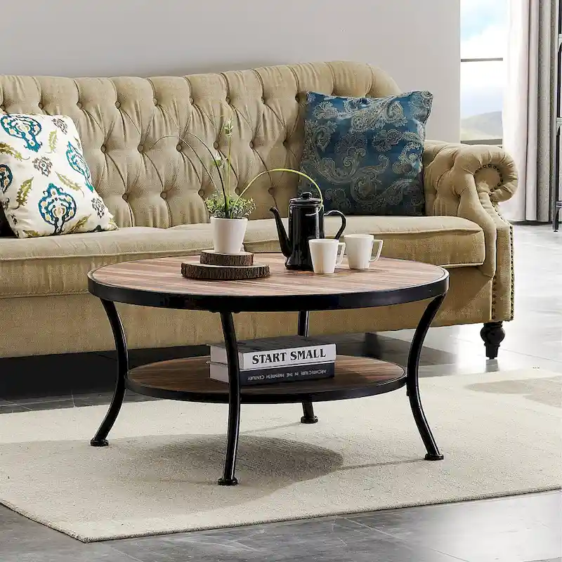 Industrial Round Metal Coffee Table with Shelf for Living Room,Home Office and Bedroom