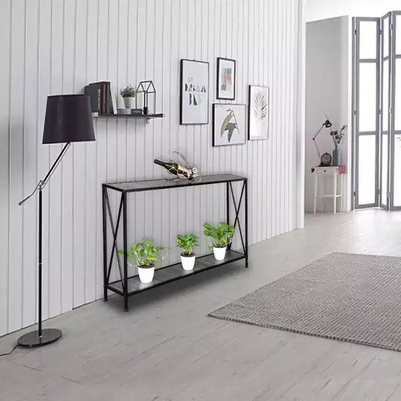 Simple 2-layer X-shaped Side Frame Density Board Iron Frame 120 * 23 * 74cm Gray Board Black Frame Door Storage Entrance Table