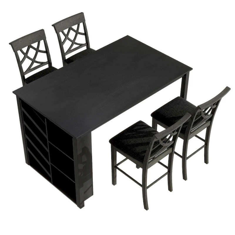 Counter Height 5-Piece Dining Set with Wine Rack, 4 Upholstered Chairs