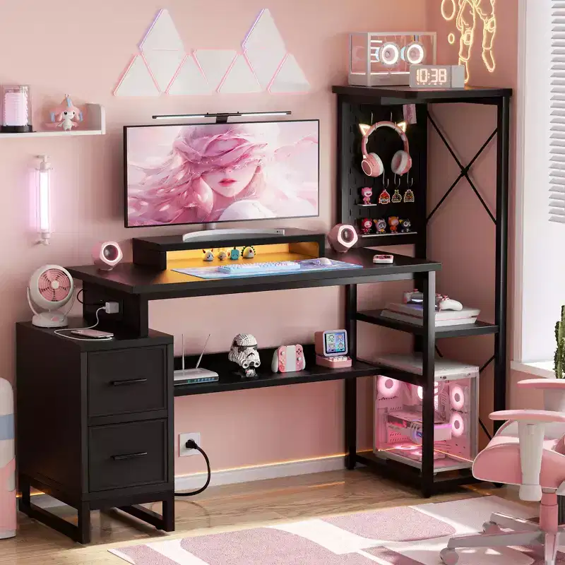 Besiost Computer Desk with Power Outlets and Fabric Drawers