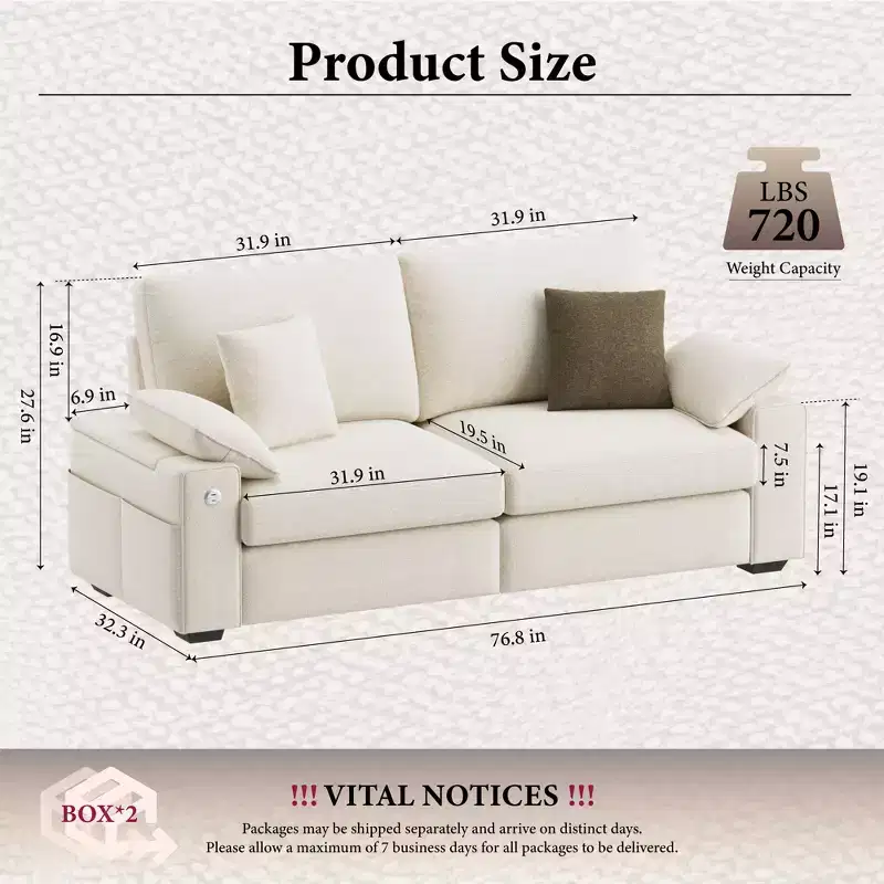 Modern Linen Blend Fabric Sofa with USB & Type-C Charging Ports