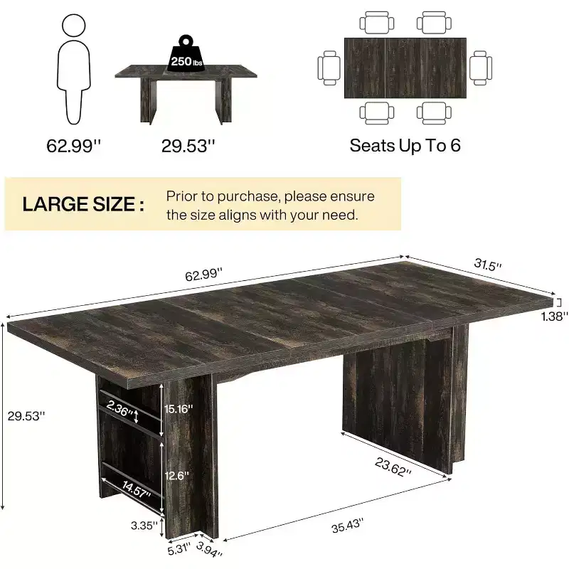 Black/Brown/Light Brown Farmhouse Rectangular Dining Table with Storage for 6
