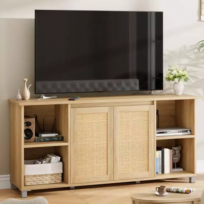 GustoWave Boho TV Stand for up to 70 Inch TVs, Media Console with Rattan Doors & Open Shelves for Living Room, Natural