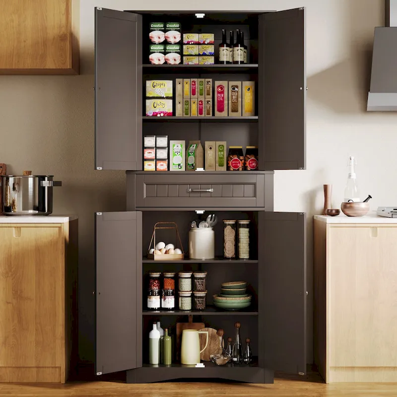 71 Kitchen Pantry Storage Cabinet, Freestanding Pantry Organizers and Storage Cabinet with 4 Doors and 4 Adjustable Shelves