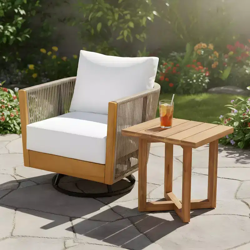Christopher Knight Home Hiroshi Modern 2 Piece Acacia Patio Swivel Chair and Side Table Set with Handwoven Rope Design