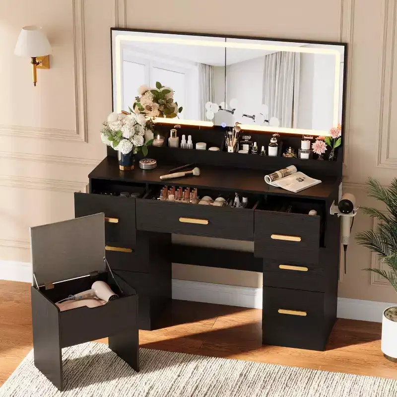 Black/White Makeup Vanity Desk with Lighted Mirror & 8 Drawers for 1