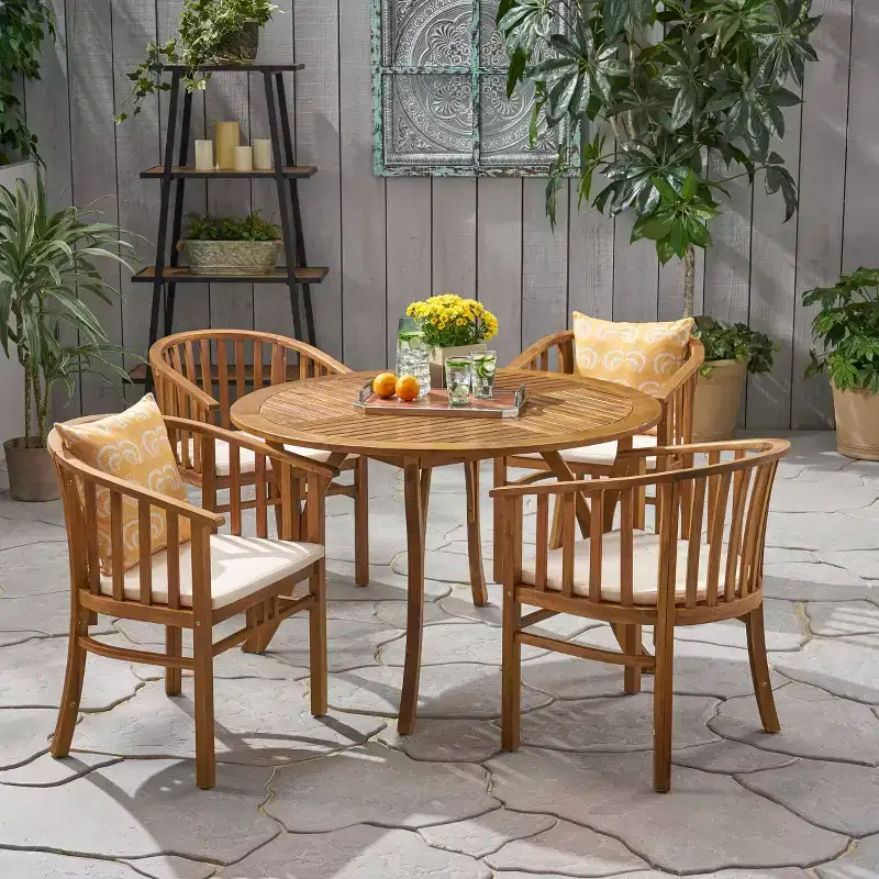Christopher Knight Home Devin 5 Piece Patio Dining Set with Slatted Acacia Wood Design and Water-Resistant Cushions
