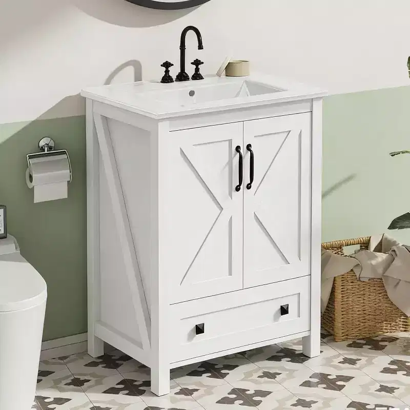 24/30 Vanity with Ceramic Sink, Modern Bathroom Vanity with 2 Doors and 1 Storage Drawer, Freestanding Bathroom Cabinet