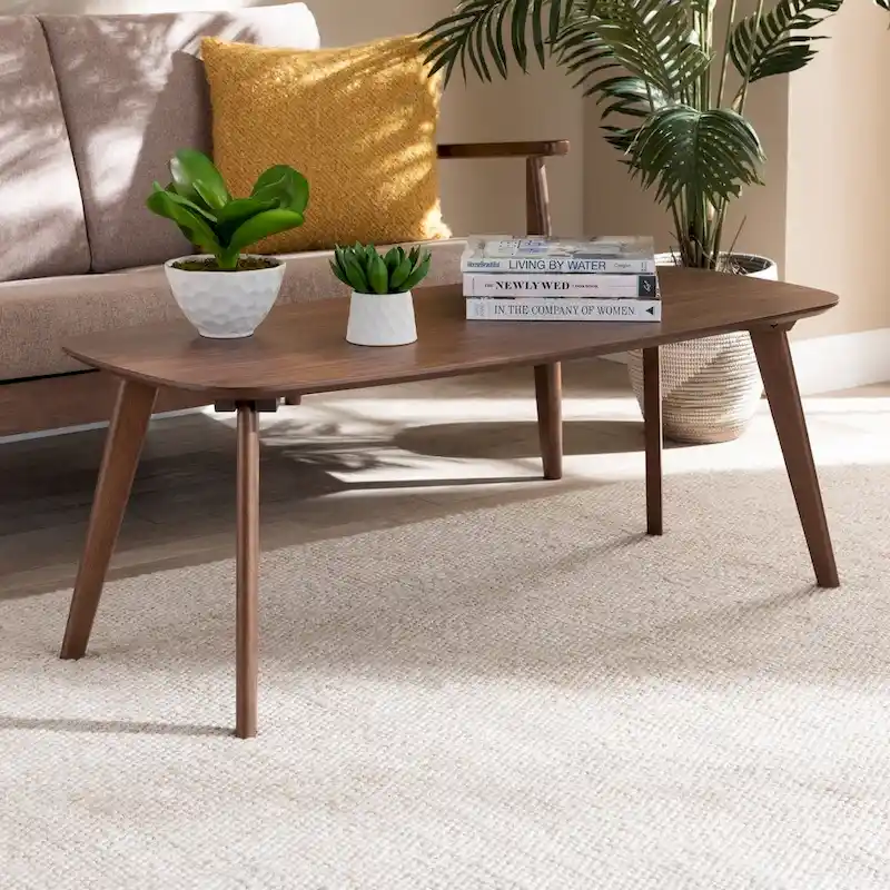 Mid-Century Modern Rubberwood Coffee Table with Angled Legs – Walnut, 1-Unit