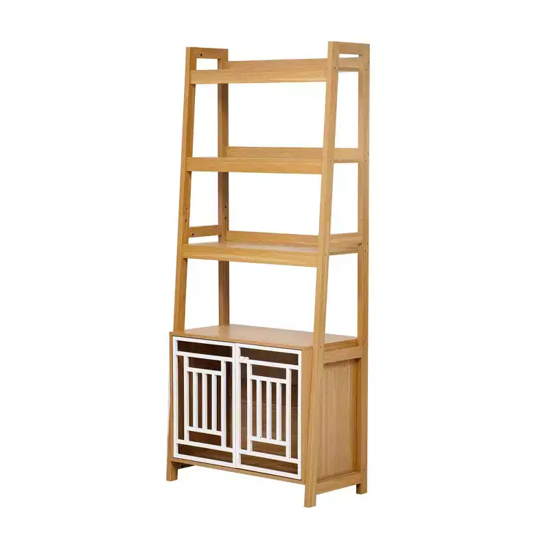 Ladder Shelf with Storage Cabinet and Open Display, Natural