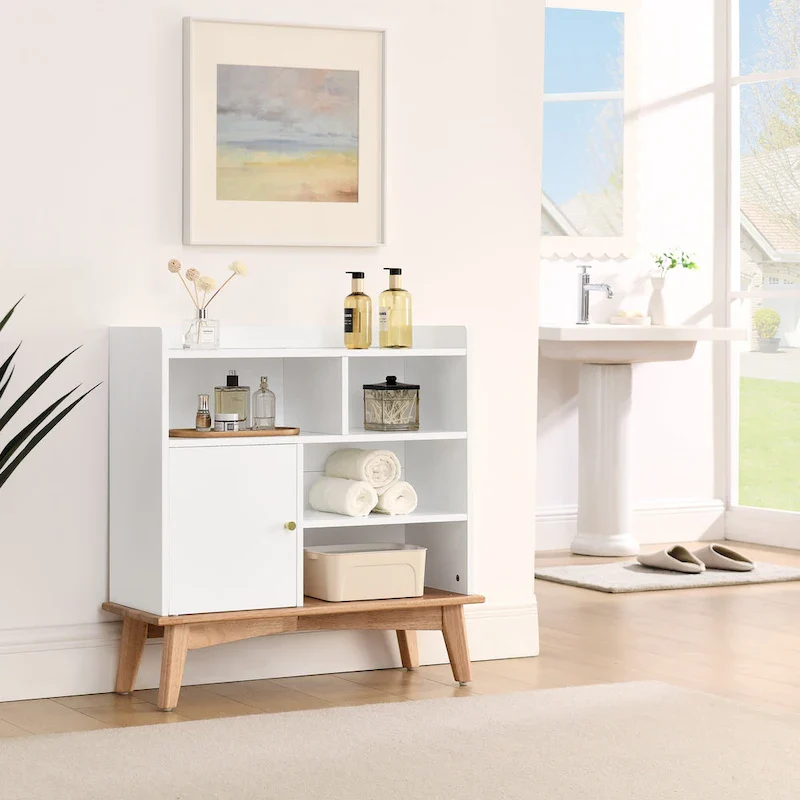 Color-Block Storage Cabinet with Solid Wood Legs & Open Shelves – Natural, MDF, 5 Open + 1 Hidden Compartment