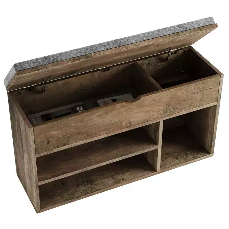 Brown Padded Shoe Storage Bench with 2 Shelves - Entryway & Living Room