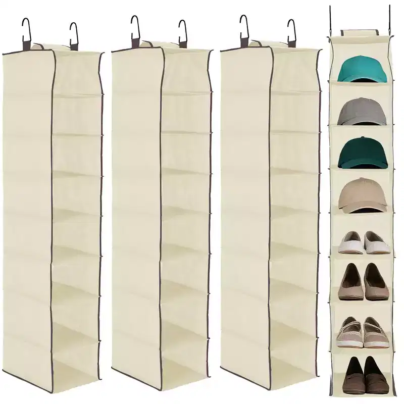 3-Pack Hanging Shoe Organizer for Closet, 8-Shelf Storage with 2 Hooks, Space-Saving