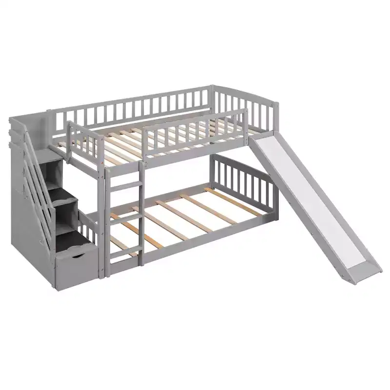 Stairway Twin over Twin Bunk Bed with Two Drawers and Slide-ModernLuxe
