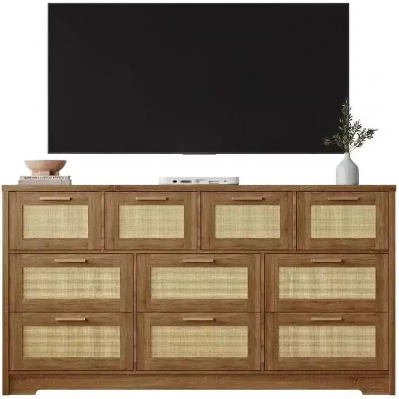 10-Drawer Rattan Dresser & TV Stand, 60