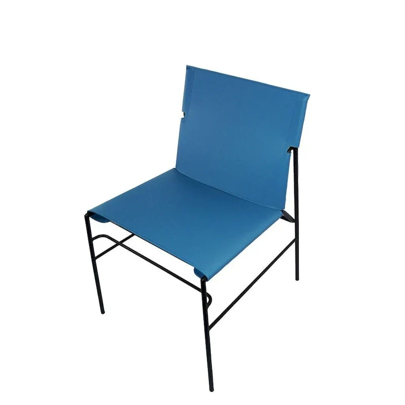 Minimalist Leather Dining Chair With Stitching Detail in Blue
