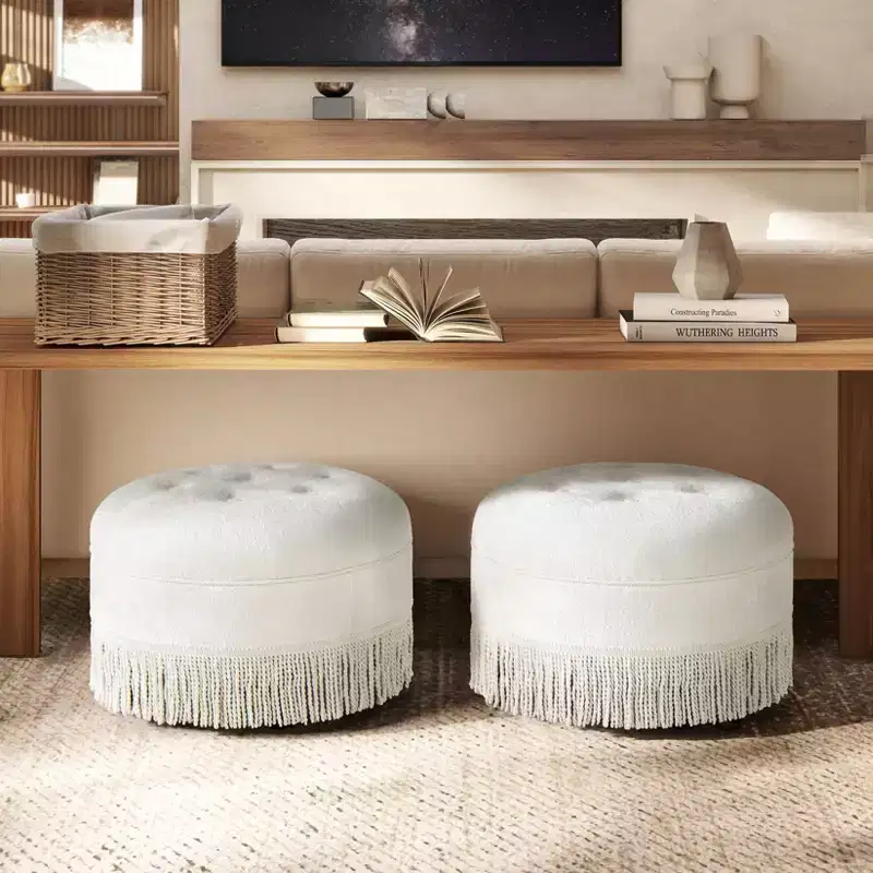 24 Round Accent Ottoman with Tassel Rope Bullion Fringe,Soft Chenille Ottoman,Vintage Footrest Ottoman Stool for Living Room & Bedroom,White