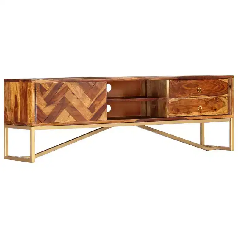 TV Cabinet Brown Solid Sheesham Wood, Brass powder-coated iron