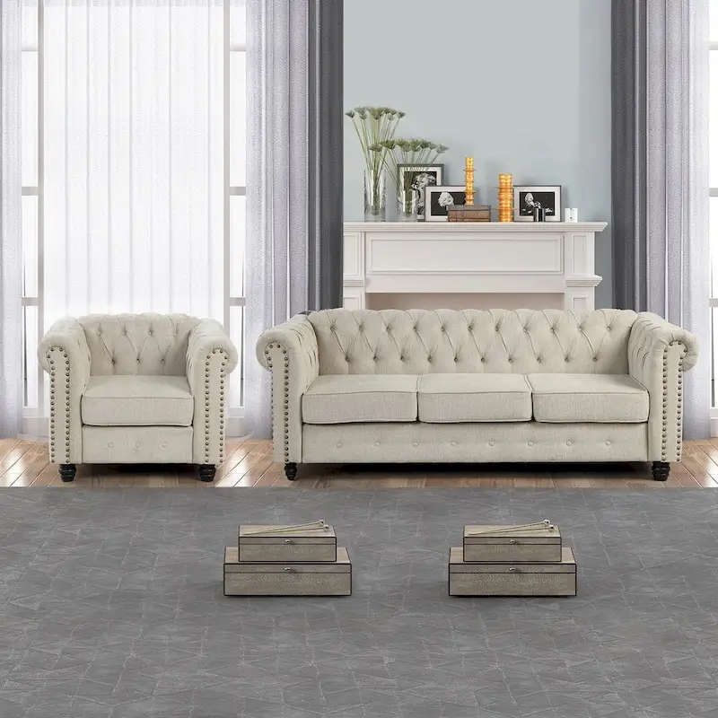 Morden Fort Button Tufted Upholstered Chesterfield Sofa Set Chair and Sofa,2 PCS for Living Room,Linen,Solid Wood Legs