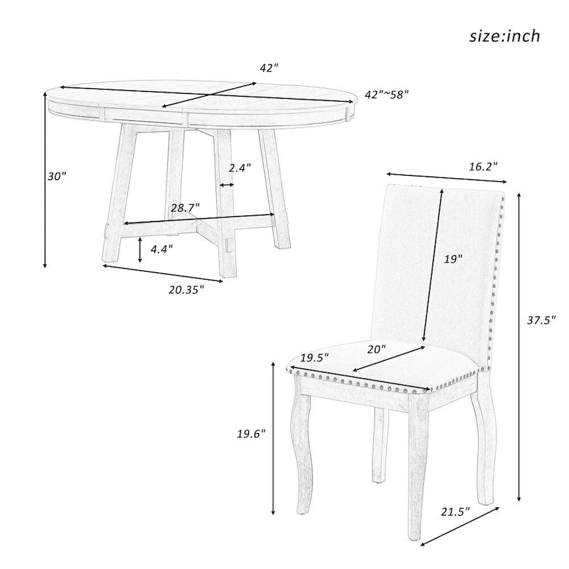 5-Piece Farmhouse Dining Table Set Wood Round Extendable Dining Table and 4 Upholstered Dining Chairs