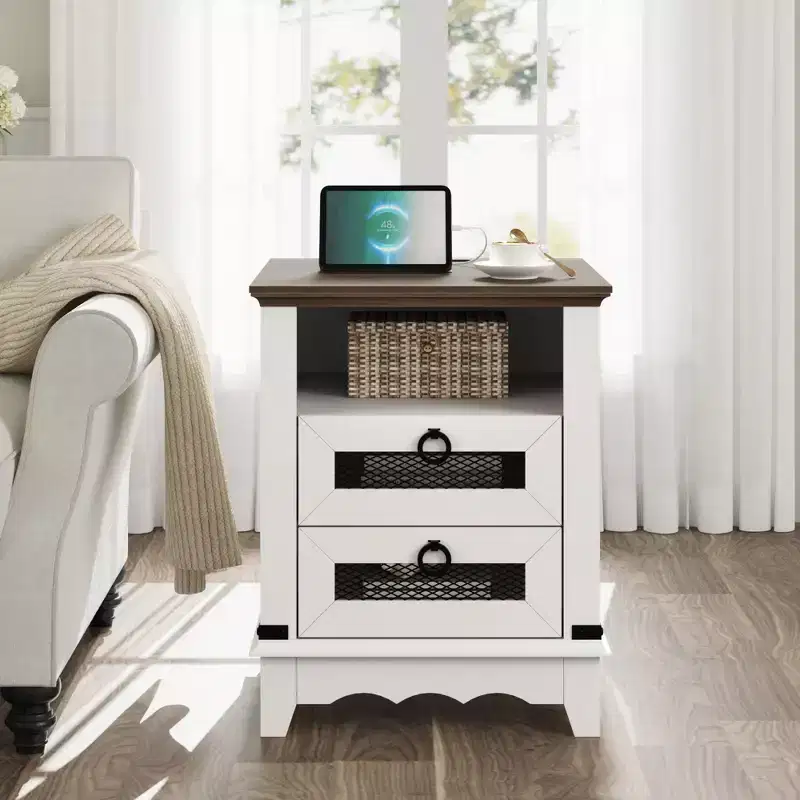 Farmhouse Nightstand with Charging Station, Drawer, Open Cubby Storage, Bedside Table for Bedroom Living Room