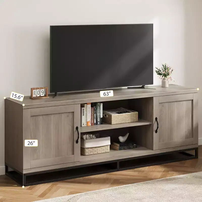 Modern TV Stand for TVs Up to 75'', 63 Wooden Entertainment Center with Adjustable Shelves & Metal Legs, Media TV Console Table for Living Room