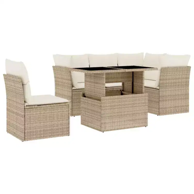 vidaXL 6 Piece Patio Sofa Set with Cushions, Poly Rattan Outdoor Sectional Furniture, Modular Design, Adjustable Tabletop
