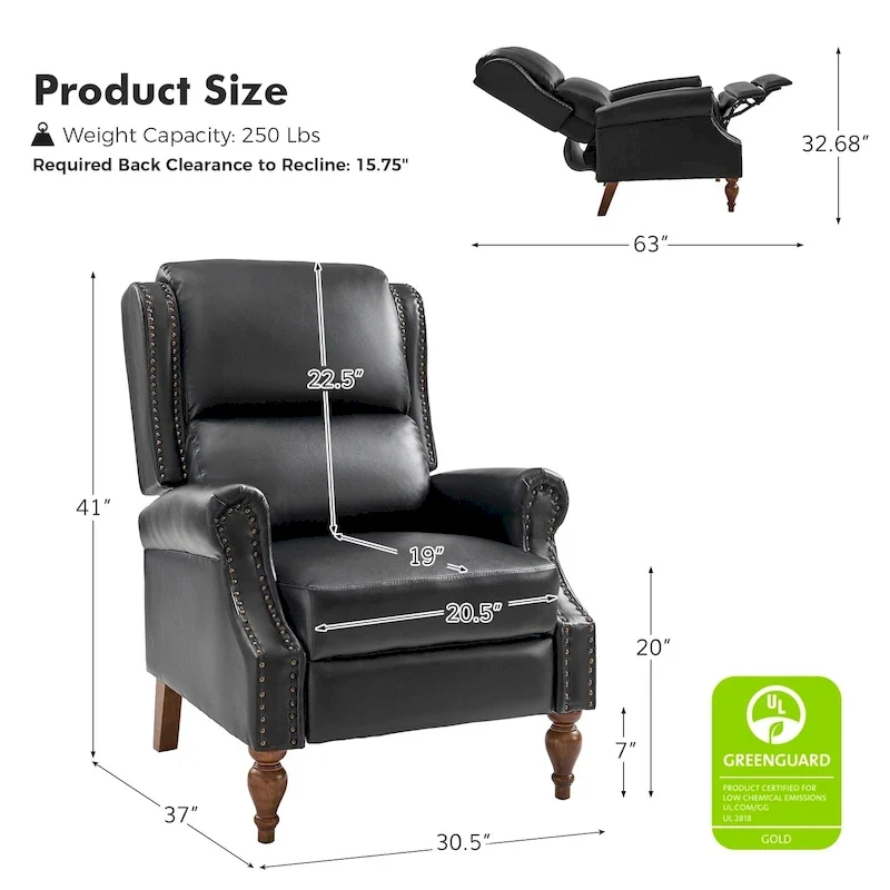 Traditional Vegan Leather Manual Push-Back Recliner, Padded Armrests, Solid Wood Legs, Living Room