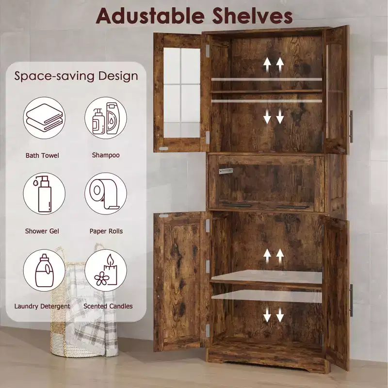 Bathroom Cabinet, 67 Tall Slim Storage Cabinet with 2 Doors & Adjustable Shelves, Towel Organizer for Kitchen Laundry Living Room