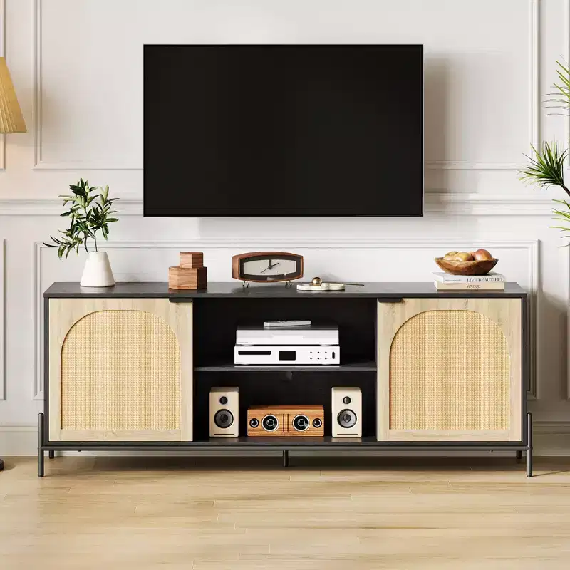 Rattan TV Stand for 75. Mid-Century Modern Entertainment Center w/ Adjustable Shelf