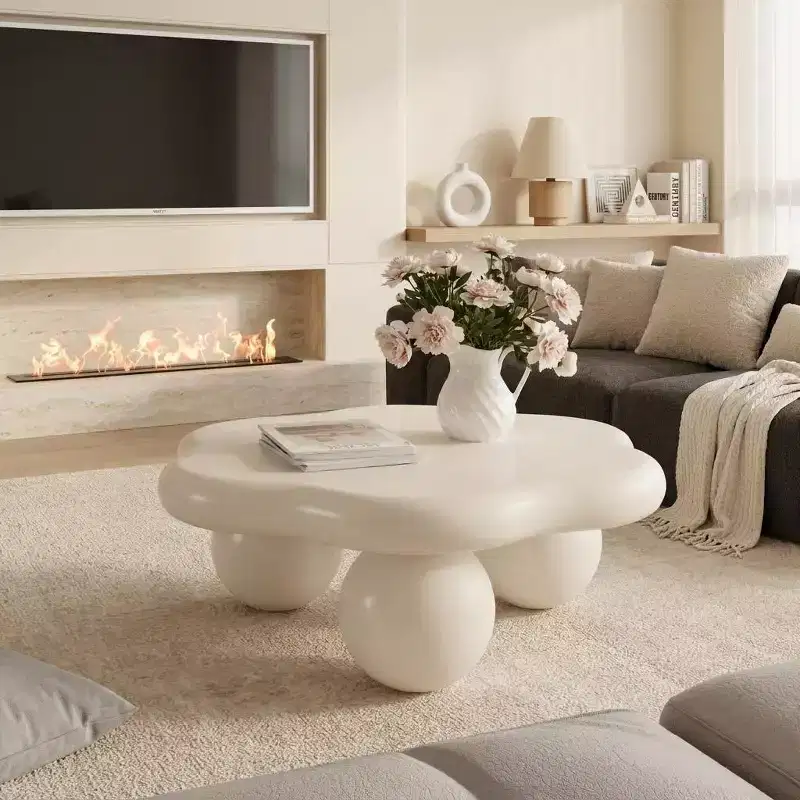 JVNOXK 35-inch petal-shaped modern minimalist coffee table with spherical legs, space-saving living room table ideal for small apartments, cream white
