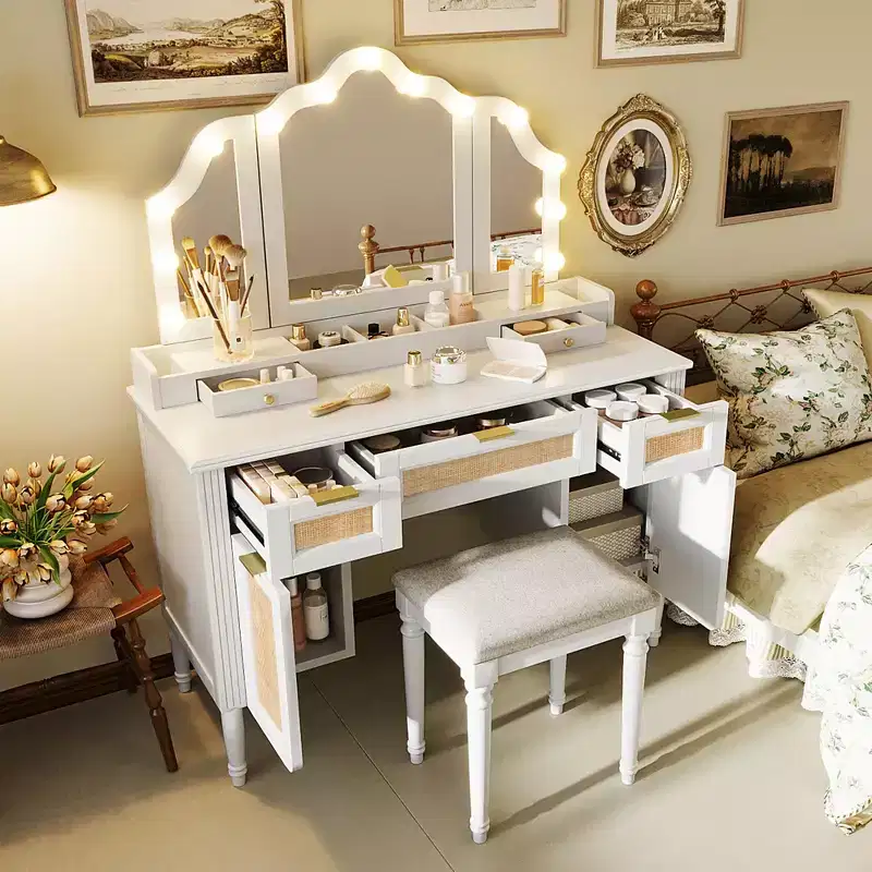 Makeup Vanity Desk Vanity Table Dressing Table with 13 Bulbs, Tri-Fold Mirror, Charging Station & Storage Drawers, White - ModernLuxe