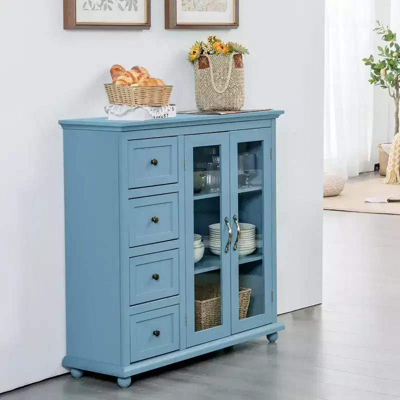 Buffet Sideboard Kitchen Storage Cabinet – 4 Drawers, 2 Glass Doors, MDF, White/Blue/Green