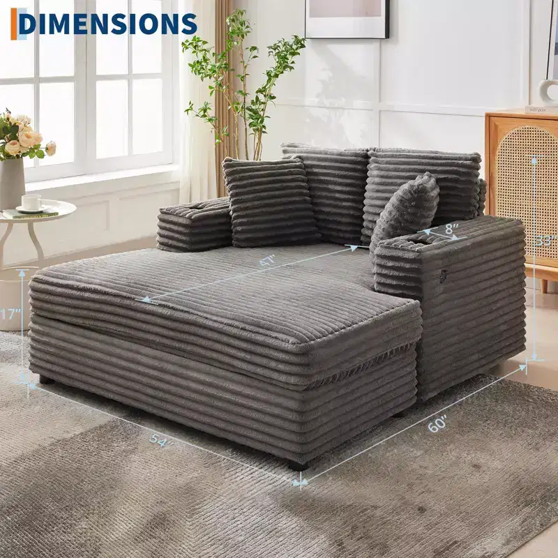 Oversized Chaise Lounge Chair Indoor, Comfy Corduroy Lounge Sofa with Charging Station, Cup Holders & Throw Pillows, Cozy Sleeper Couch