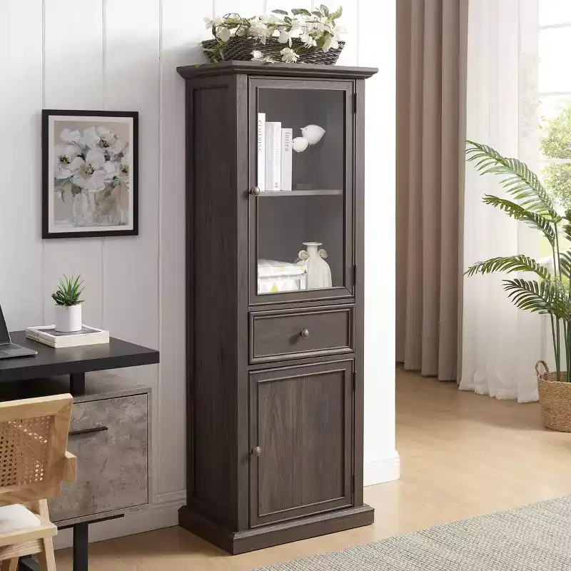 Modern Tall Storage Cabinet with Glass Doors & Shelves - Freestanding Sideboard with Drawer for Living Room, Kitchen, Dining Room & Office