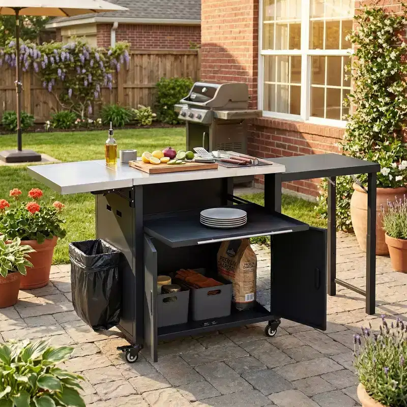 GDFStudio Louisa Foldable Outdoor BBQ Prep Station Cart with Stainless Steel Top
