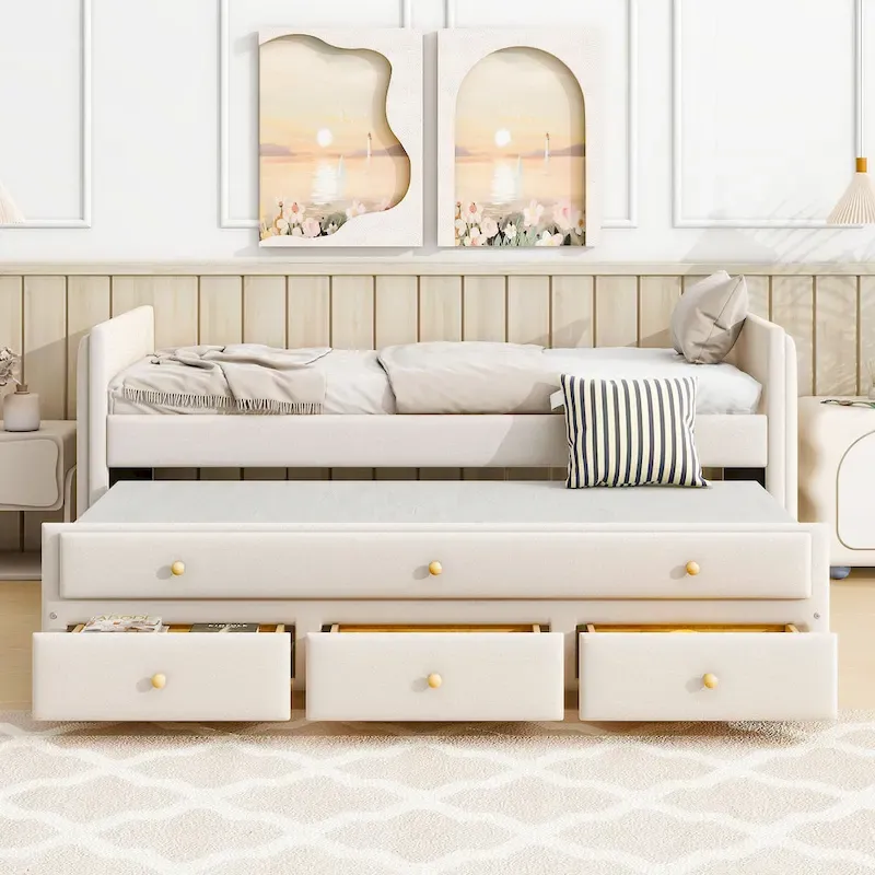 Twin Size Upholstered Daybed with Twin Size Trundle and Drawers, Velvet, Beige