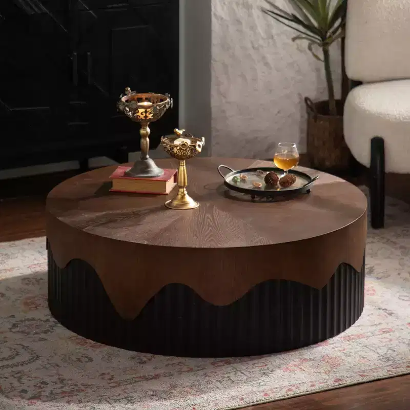 38.97 inch Round Coffee Table with Real Bark Texture Veneer and Walnut Finish